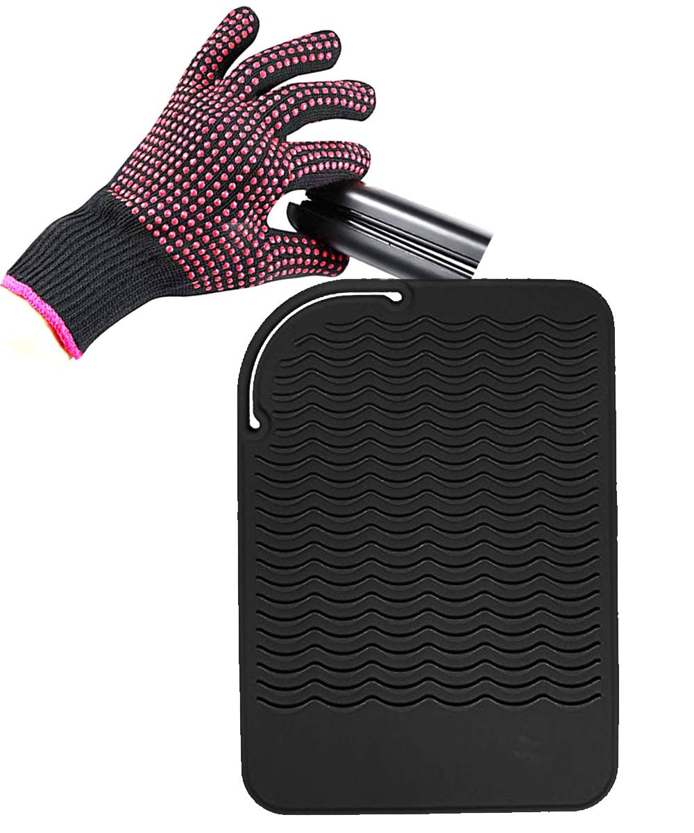 Curling Iron Mat, Heat Resistant Mat with Heat Resistant Glove for Hair Straightener, Flat Irons, 8.7ââ‚¬Âx5.2ââ‚¬Â Silicone Bump Glove, 9ââ‚¬Â x 6.5ââ‚¬Â Food Grade Silicone Mat, Black