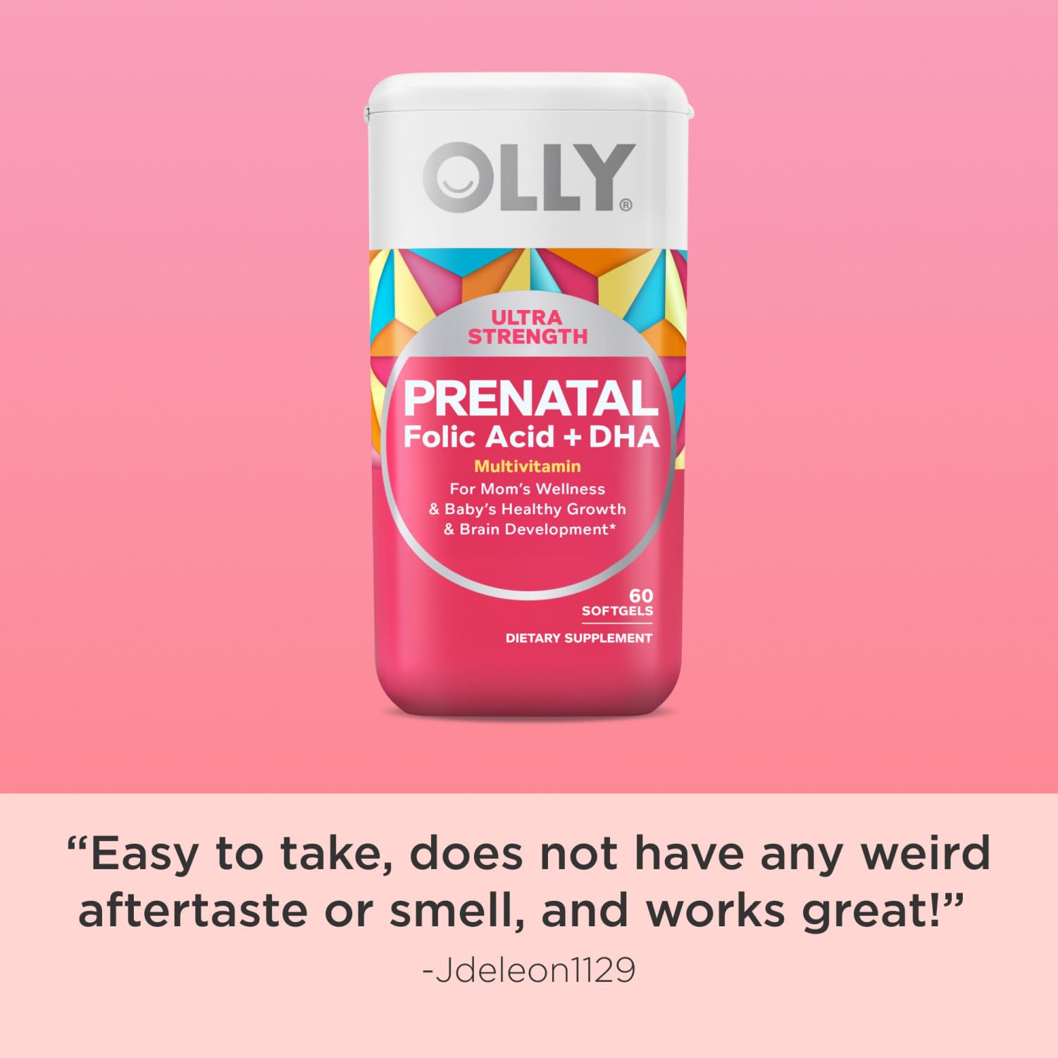 OLLY Ultra Strength Prenatal Multivitamin Softgels, Supports Healthy Growth, Brain Development, Iron, Folic Acid, DHA, Vitamins C, E, 30 Day Supply-60 Count