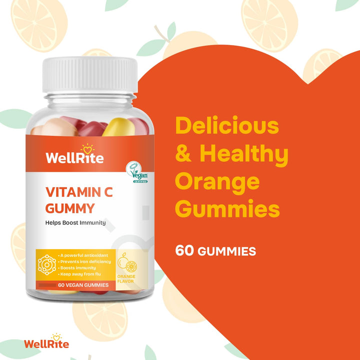 Wellrite Vitamin C Gummy Vitamins which Helps Boost Immunity, 60 Count, Orange Flavored, Vegan, Gelatin Free, Gluten Free, Nut Free, Boosts Immunity, Antioxidant, Prevents Iron Deficiency