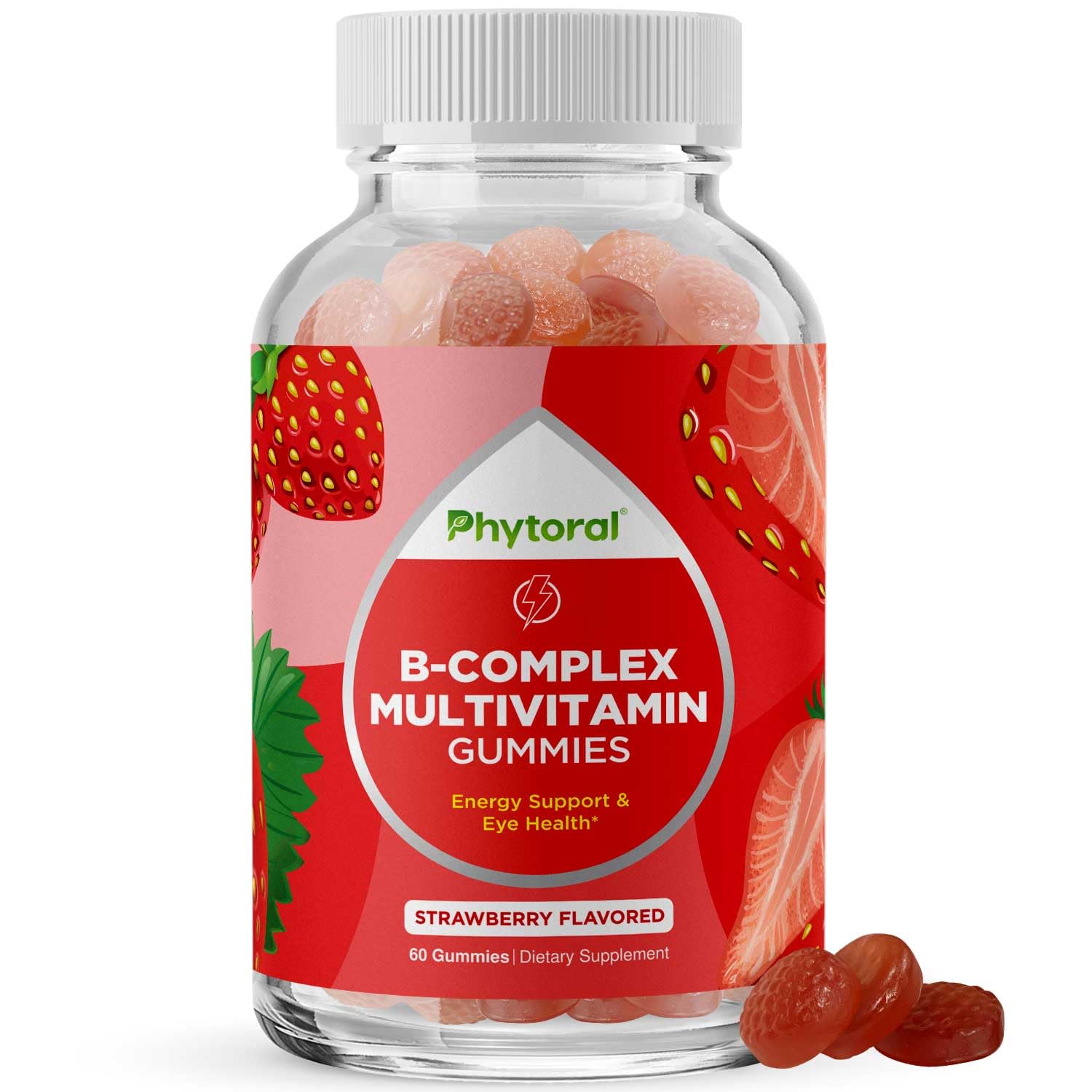 Vitamin B Complex Gummies for Adults & Kids - B Vitamins Complex with Thiamin, Riboflavin, Niacin, 6, 12 and Folate - Blend Supplement for Nervous System Support, Energy & High Strength - 60 Gummies