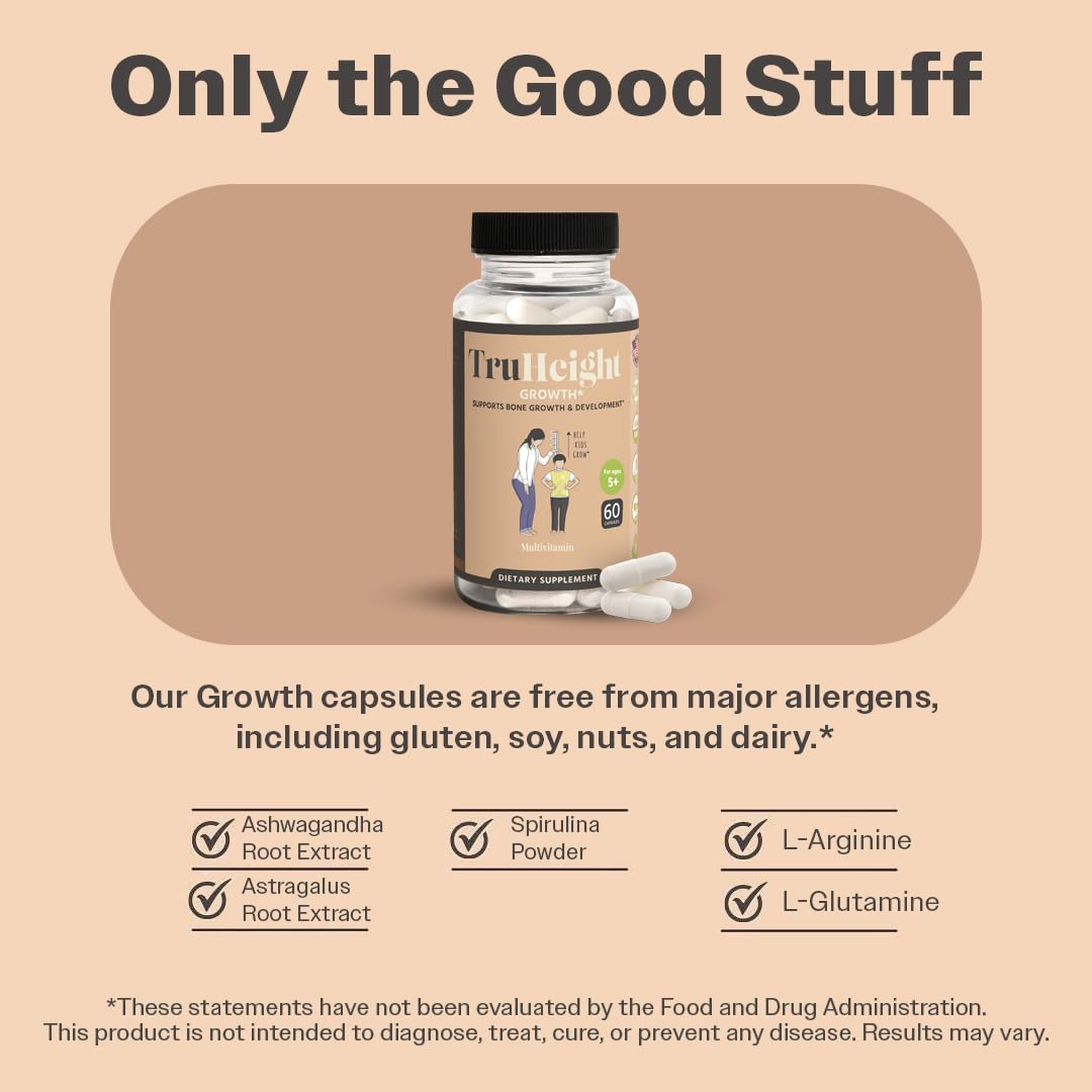 TruHeight Growth Capsules - Natural Growth & Development Supplement for Kids & Teens - Endorsed by Pediatricians - Vitamin D, K, Calcium & Ashwaganda - Bone Strength Capsules - Kids Vitamins - Ages 5+