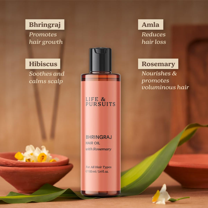 Life & Pursuits Bhringraj Hair Growth Oil 100 ml, Natural Ayurveda Scalp Therapy For Men & Women| Rosemary, Amla, Hibiscus, Tea Tree & Coconut| Reduces Itchiness & Dryness| Nourishes Damaged Hair