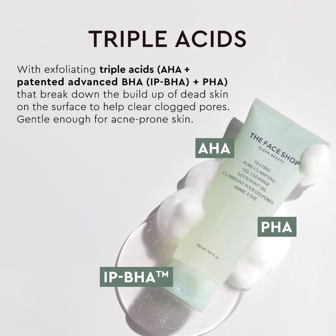 THE FACE SHOP Tea Tree Pore Clarifying Gel Cleanser | Gentle Facial Foam Cleanser for Acne-Prone Skin | Removes Excessive Sebum with Soothing Effect | 5.0 fl. Oz,K-Beauty