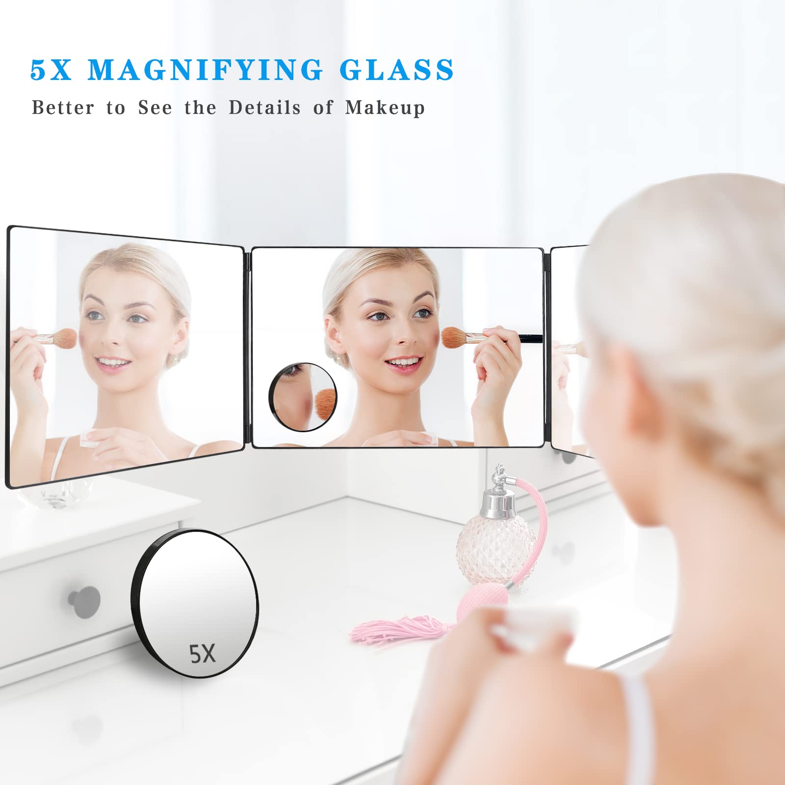 JANMPASK 3 Way Mirror for Self Hair Cutting Tools with Height Adjustable Mirror 360 Trifold for Makeup to See Back of Head (Black)