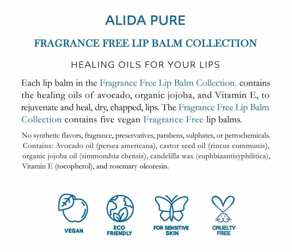 PURE + SIMPLE Fragrance Free Lip Balm Collection, Vegan, Unscented, Set of 5 Tubes, Avocado Butter, Jojoba Oil, Vitamin E Complex Healing Treatment