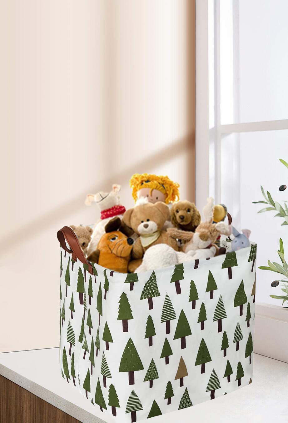 Sanjiaofen Square Woodland Storage bin, Nursery Basket,Collapsible Green Storage Box with Handles for Nursery Storage. (Square Tree)