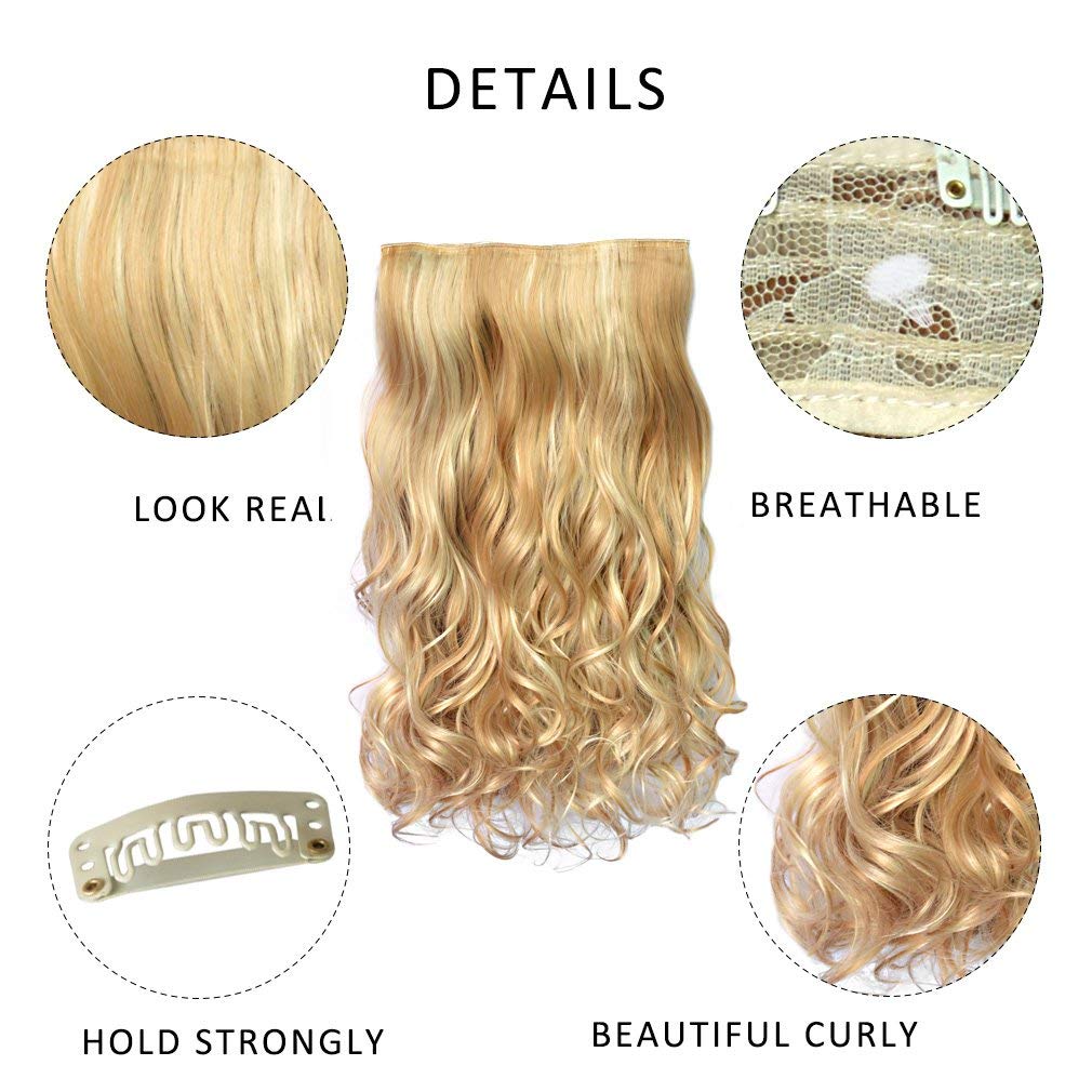 REECHO 20 1-Pack 3/4 Full Head Curly Wave Blonde Mixed Hair Color Clips in on Synthetic Hair Extensions Hairpieces for Women 5 Clips 4.6 Oz per Piece - 25H613