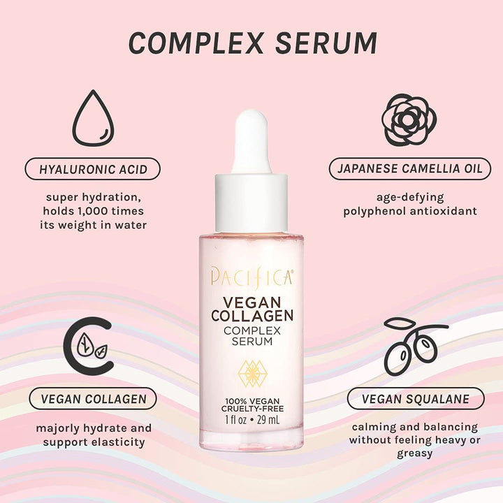 Pacifica Face Serum Vegan Collagen Complex Serum - Hyaluronic Acid Serum for Face - Anti-Aging Serum for Fine Lines & Wrinkles, Hydrating Serum to Plump & Repair Dry Skin Vegan & Cruelty-Free