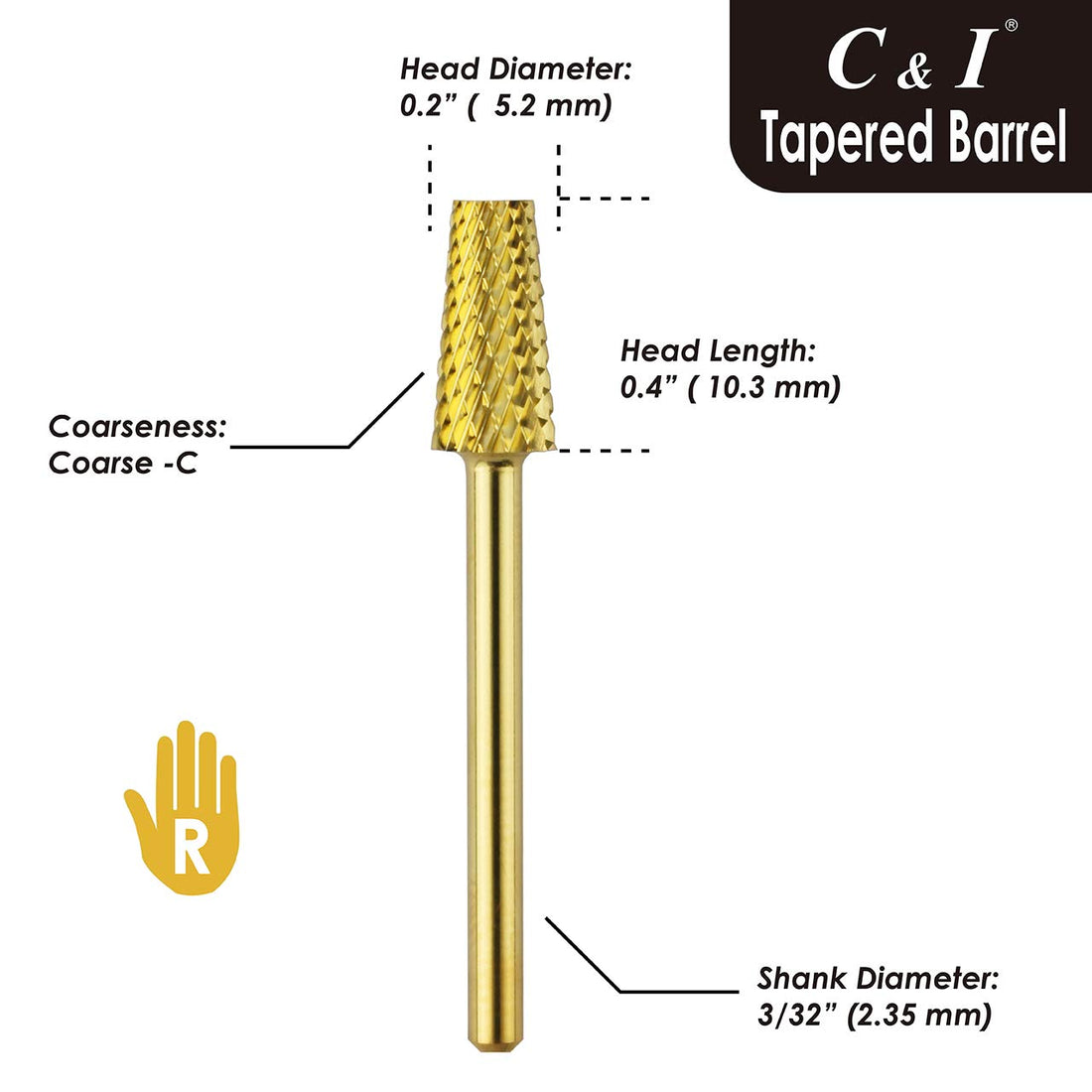 C & I Tapered Barrel Nail Drill Bit for Electric Nail Drill Machine of Nail Art (Grit Middle, Gold)