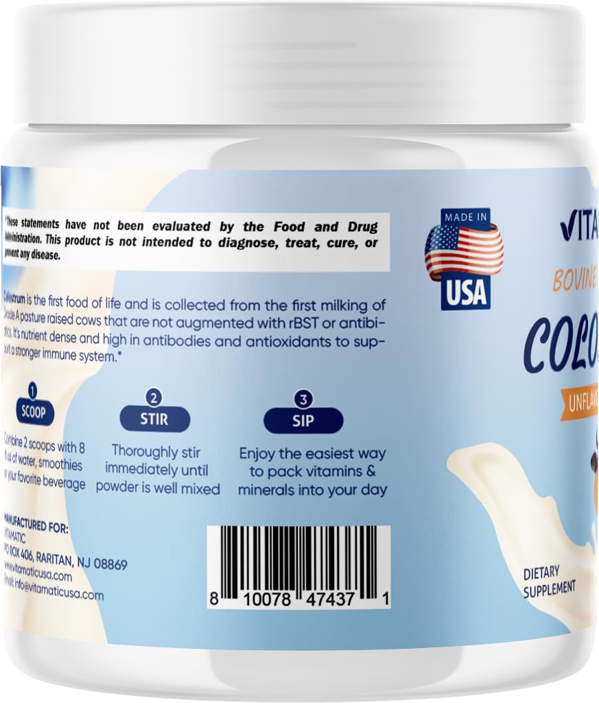 Vitamatic Bovine Colostrum Powder - Supplement for Gut Health, Hair Growth, Beauty, Muscle Recovery, & Immune Support - Easy to Mix - 30 Servings (Unflavored) (30 Servings, Unflavored)