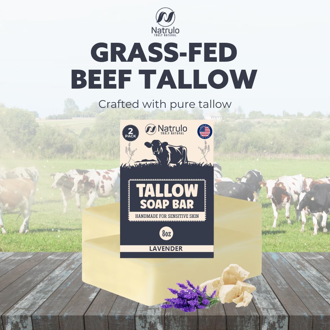 Beef Tallow Soap Bar – All Natural Grass Fed Tallow Soap Lavender – Moisturizing Face & Body Wash Great for Eczema, Dry, Itchy, Sensitive Skin – Handcrafted Bath Soap for Adults, Kids, Made in USA