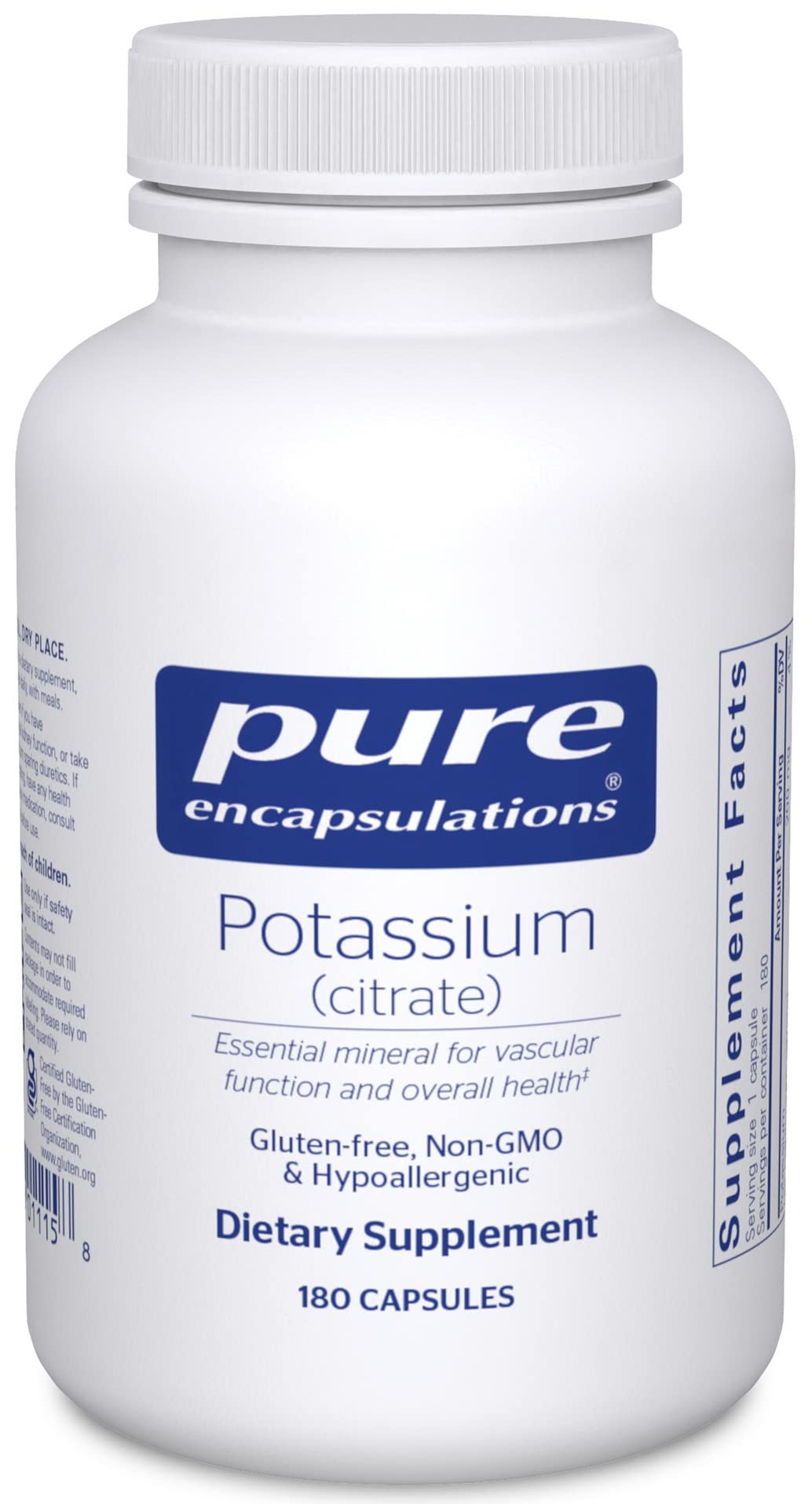 Pure Encapsulations Potassium (Citrate) - Essential Electrolyte Supplement to Support Nerve & Muscle Function, Adrenals, Hormones, Heart Health & Energy* - Potassium Citrate Capsule - 180 Capsules