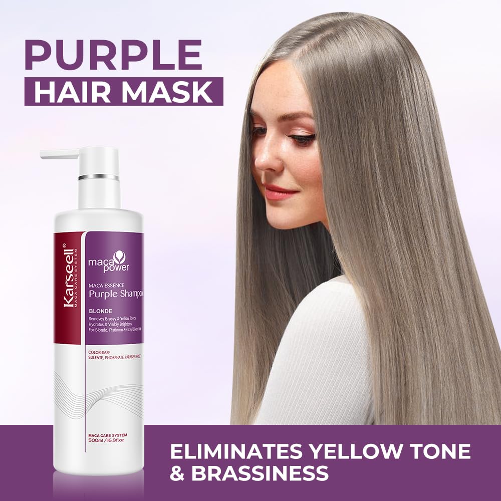 Karseell maca power Purple Shampoo Professional Neutralizes Brass & Yellow Tones For Blonde Silver Gray Highlighted Hair 16.90 oz 500ml