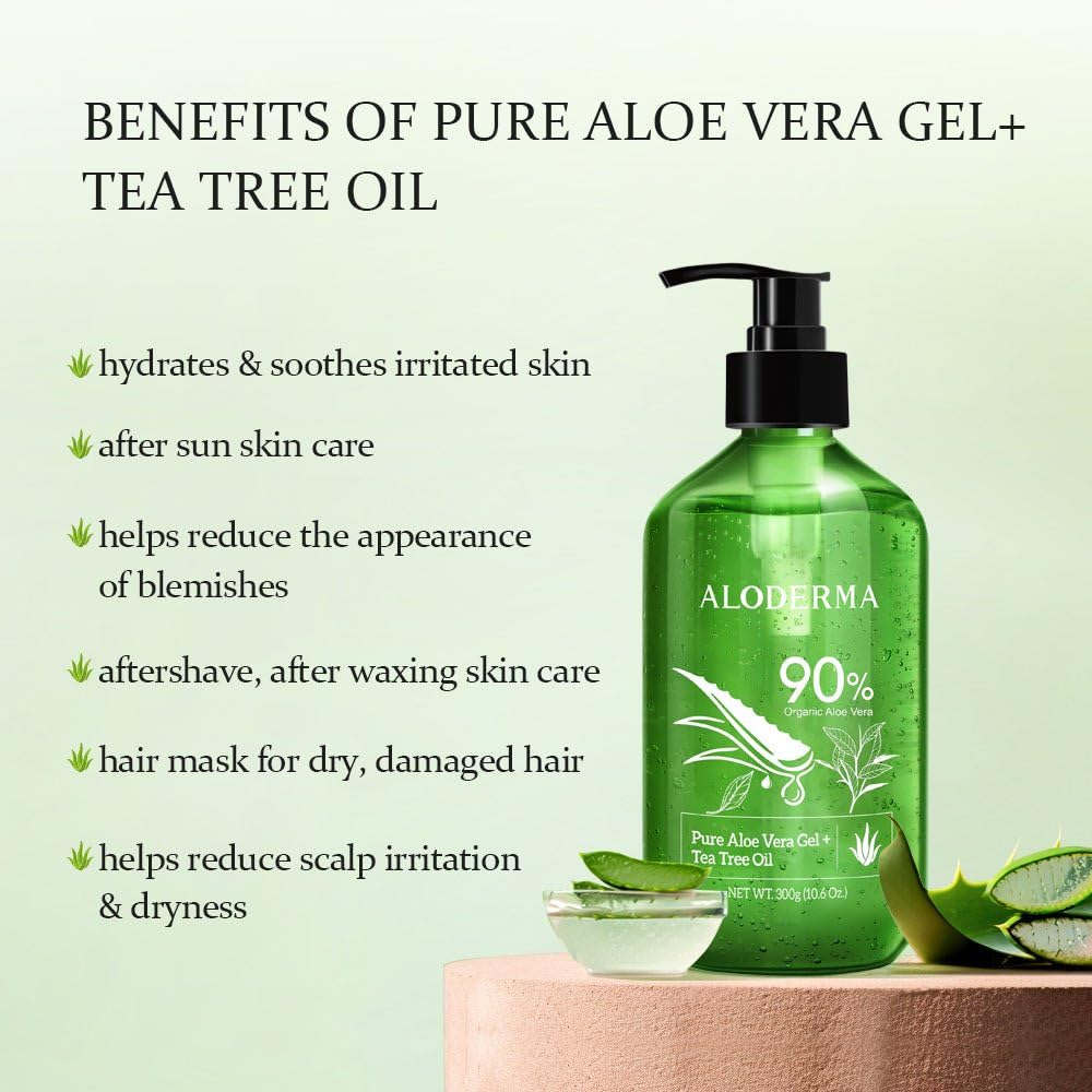 Aloderma Organic Aloe Vera Gel for Skin + Tea Tree Oil, Made within 12 Hours of Harvest, Soothing Pure Aloe Vera Gel for Face, Works Great for Oily Skin, Dry Scalp, Aftershave, Natural Aloe - 10.6 Oz