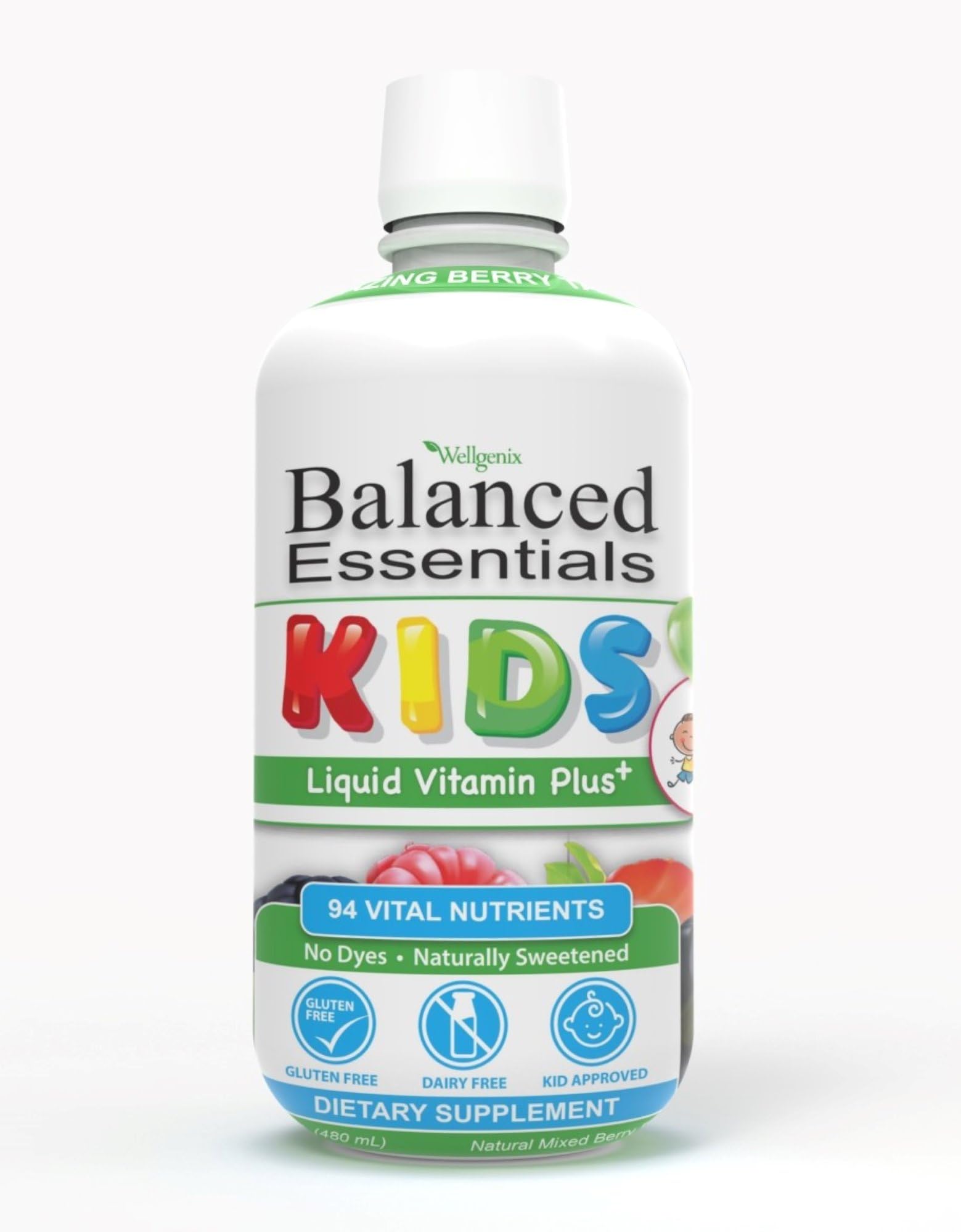 Wellgenix Balanced Essentials Liquid Kids Vitamin - Nutritional Multivitamin for Picky Eaters - Boost Immune System and Overall Health -Children, Toddler -Berry Flavor 16 Fl Oz