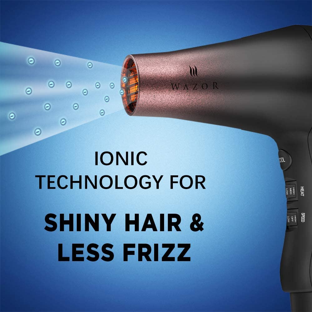 Wazor Professional Hair Dryer Ionic Ceramic Tourmaline Blow Dryer 1875W Far Infrared Heat Dryer With 3 Blow Dry Attachments and Heat&Speed Settings for Hair Styling