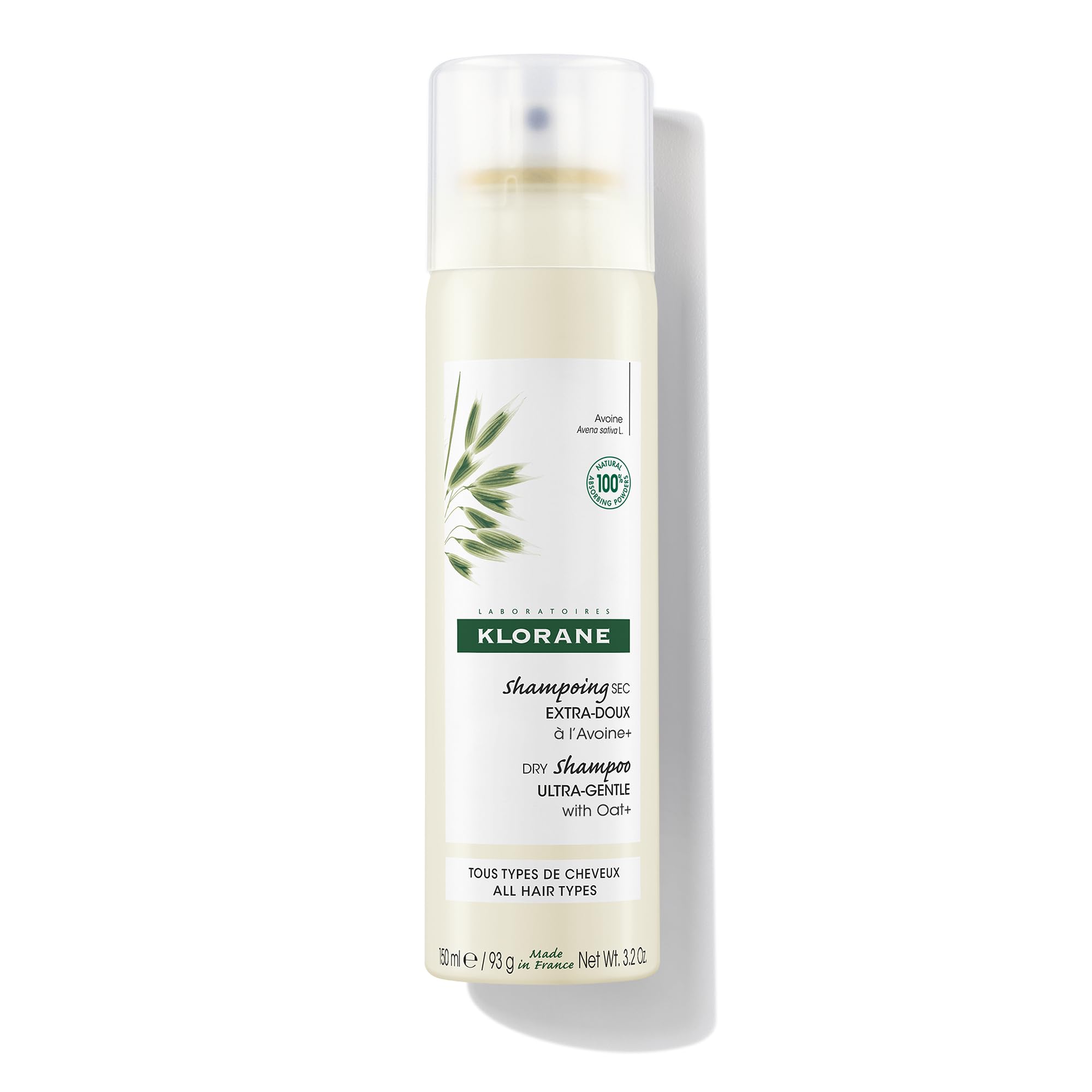 Klorane Dry Shampoo with Oat Milk, Ultra-Gentle, All Hair Types, No White Residue, Paraben & Sulfate-Free, 3.2 oz.