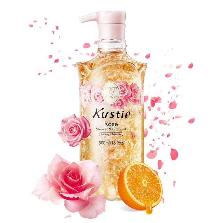 KUSTIE Rose Body Wash for Women & Men, Natural Petals & Essential Oils, 24H Fragrance & Moisturizing Deep Cleanse Shower Gel for Sensitive & Dry Skin with Pump Bottle, 16.9 oz