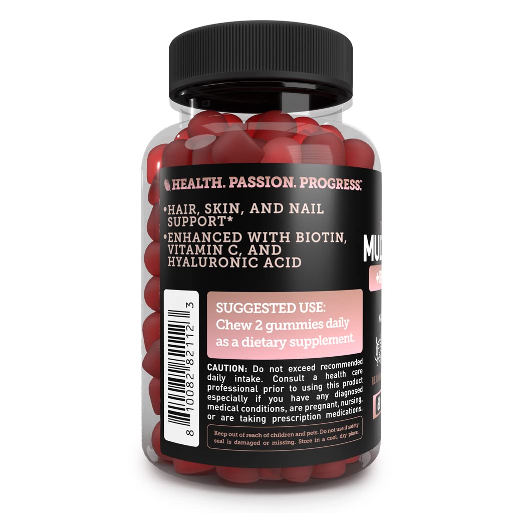 Multi Collagen Peptide Gummies (1, 2, 3, 5 & 10) + Vitamin C + Biotin + Hyaluronic Acid | Supports Healthy Hair, Skin, and Nails | Non-GMO and Gluten-Free | Natural Peach Flavor | 60 Gummies