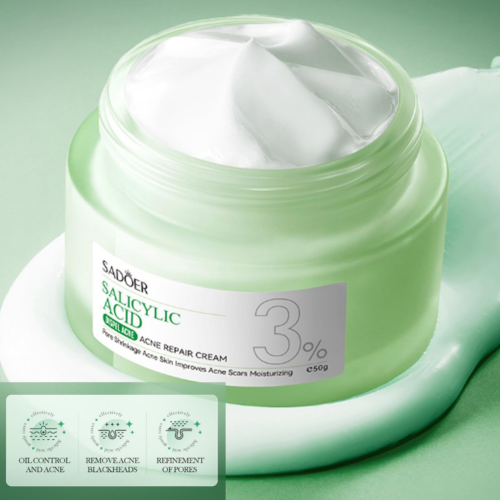 Grospe Salicylic Acid Repair Cream,Salicylic Acid Face Moisturizer,Pore Shrinkage Acne Skin Improves Acine Scars Motsturizing,Suitable for Oily, Acne Prone Skin 50g