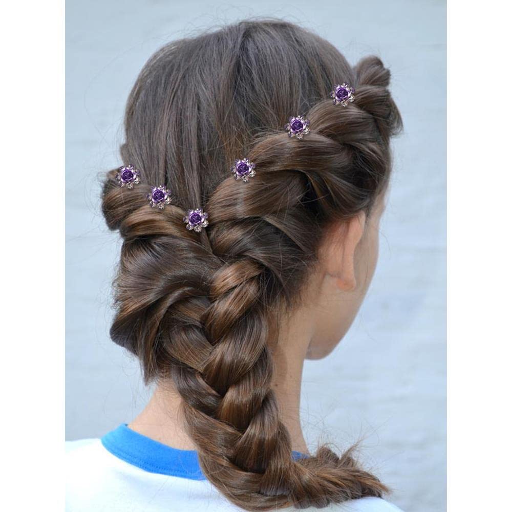Purple Set: Insowni 40Pcs Bridal Wedding Rhinestone Rose Flower U-Shaped Hair Pins & 6Pcs Twist Pearl Hairpins Headpiece Set In Gift Box For Women Girls Bridesmaid (Purple Set)
