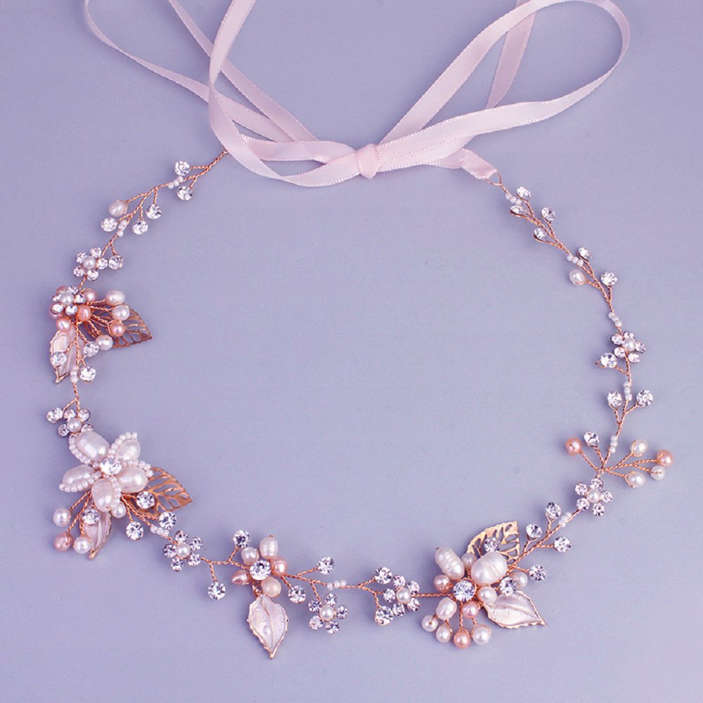 Ammei Bridal Crystal Headband with Freshwater Pearls Fer Design Wedding Hair Accessories (Rose Gold)
