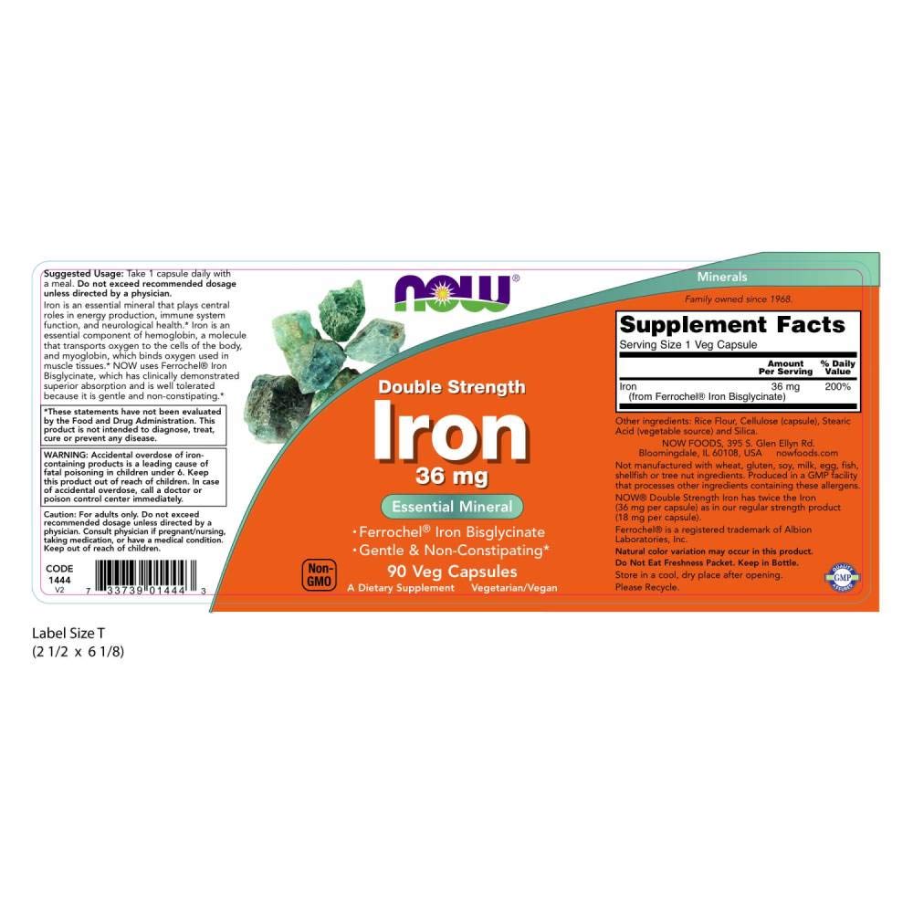 NOW Supplements, Iron 36 mg, Double Strength, Non-Constipating*, Essential Mineral, 90 Veg Capsules