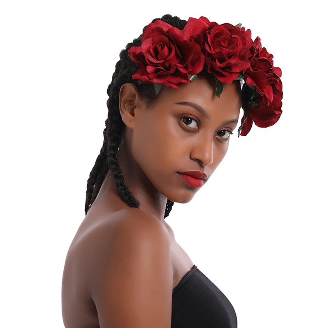June Bloomy Rose Floral Crown Garland Flower Headband Headpiece for Wedding Festival, Black Yellow Red, One Size