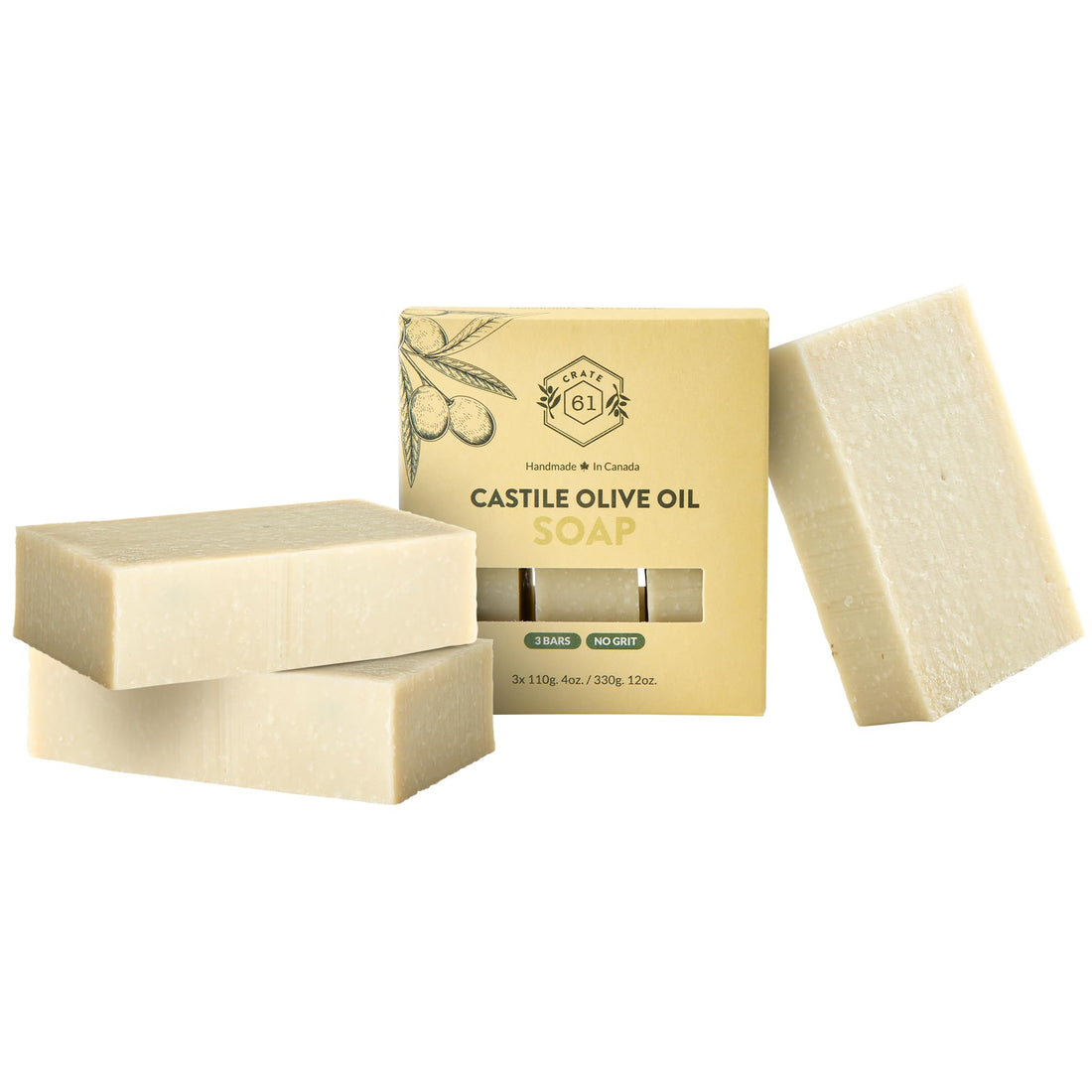 Crate 61, Handmade in Canada, Plant Based Cold Process Natural Bar Soap For Face And Body, With Premium Essential Oils, For Men And Women 3 Pack (Castile (Unscented))
