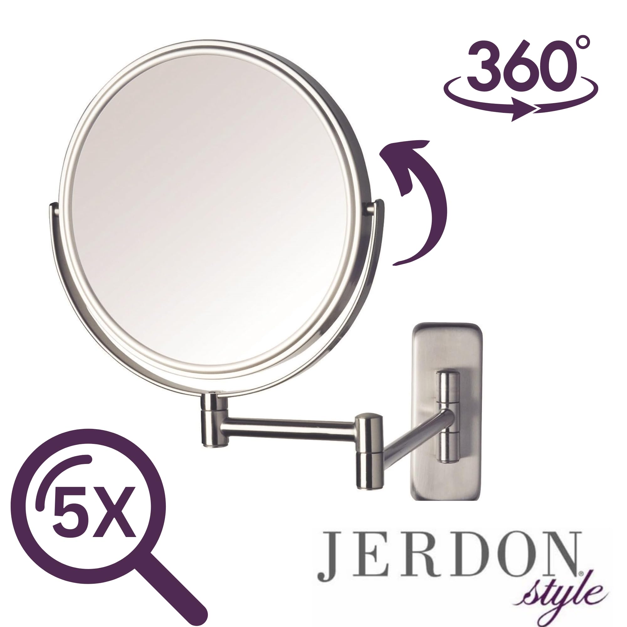 Jerdon JP7506N 8-Inch Wall Mount Makeup Mirror with 5x Magnification, Nickel Finish