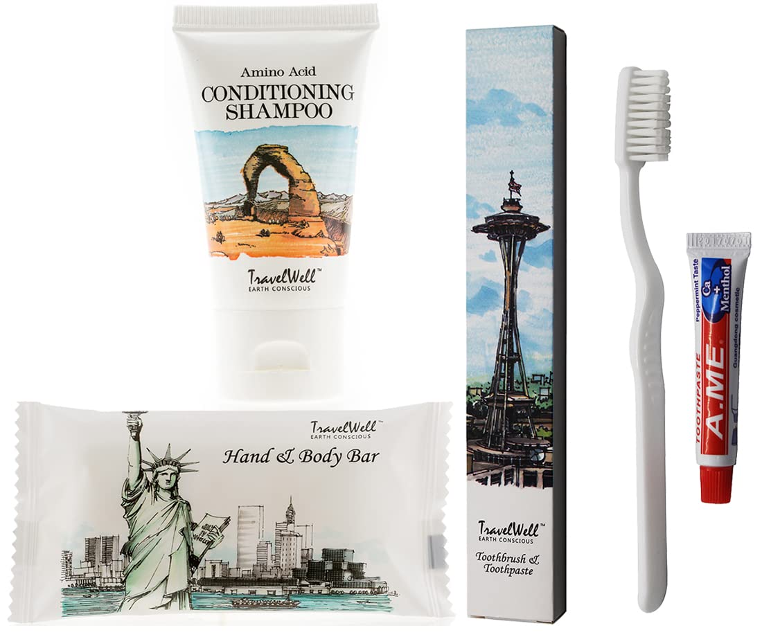 Travel Well Hotel Toiletries Amenities Travel Size Massage Cleaning Soaps In Bulk 1.0oz/28g,30ml Shampoo & Conditioner 2 in 1,Boxed Toothbrush Toothpaste Individually Wrapped 30 Set