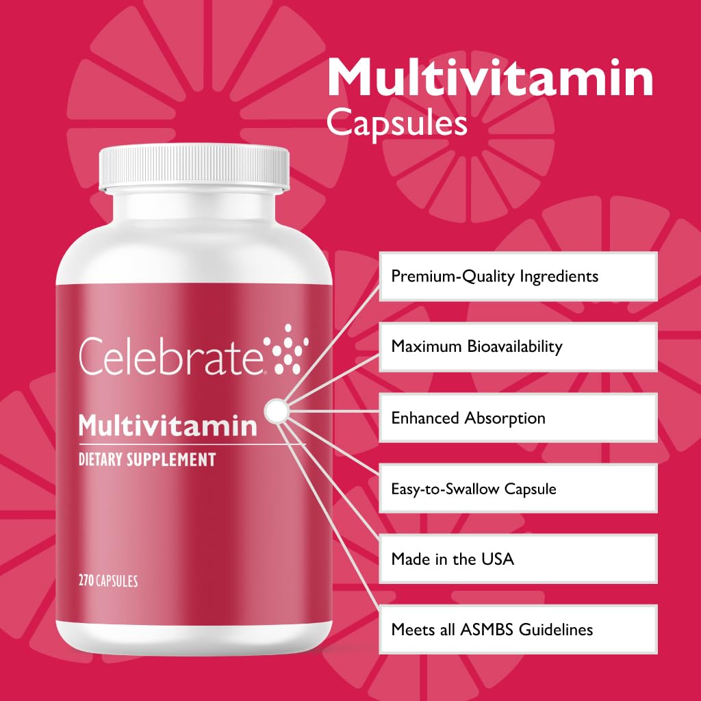 Celebrate Vitamins Bariatric Multivitamin, Iron Free - Post Gastric Bypass & Sleeve Gastrectomy Supplement for Men & Women - Essential Minerals & Vitamins A, B, D & E (270 Capsules)
