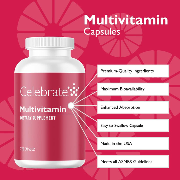 Celebrate Vitamins Bariatric Multivitamin, Iron Free - Post Gastric Bypass & Sleeve Gastrectomy Supplement for Men & Women - Essential Minerals & Vitamins A, B, D & E (270 Capsules)