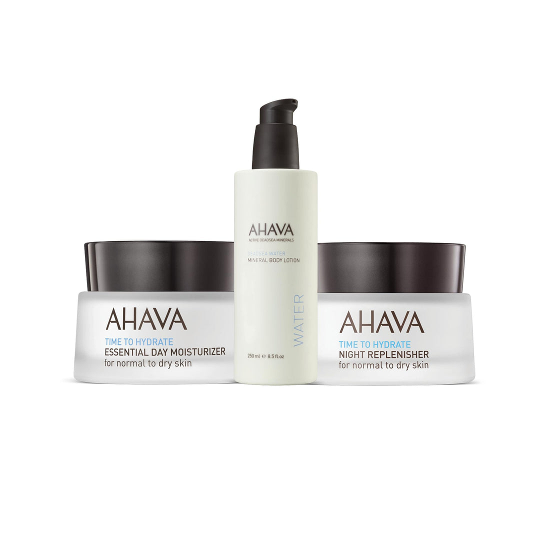 AHAVA Daily Essentials Trio Set - Includes Essential Day Moisturizer 1.7 Fl.Oz, Night Replenisher 1.7 Fl.Oz & Body Lotion Original 8.5 Fl.Oz, enriched with Dead Sea Osmoter & Magnesium