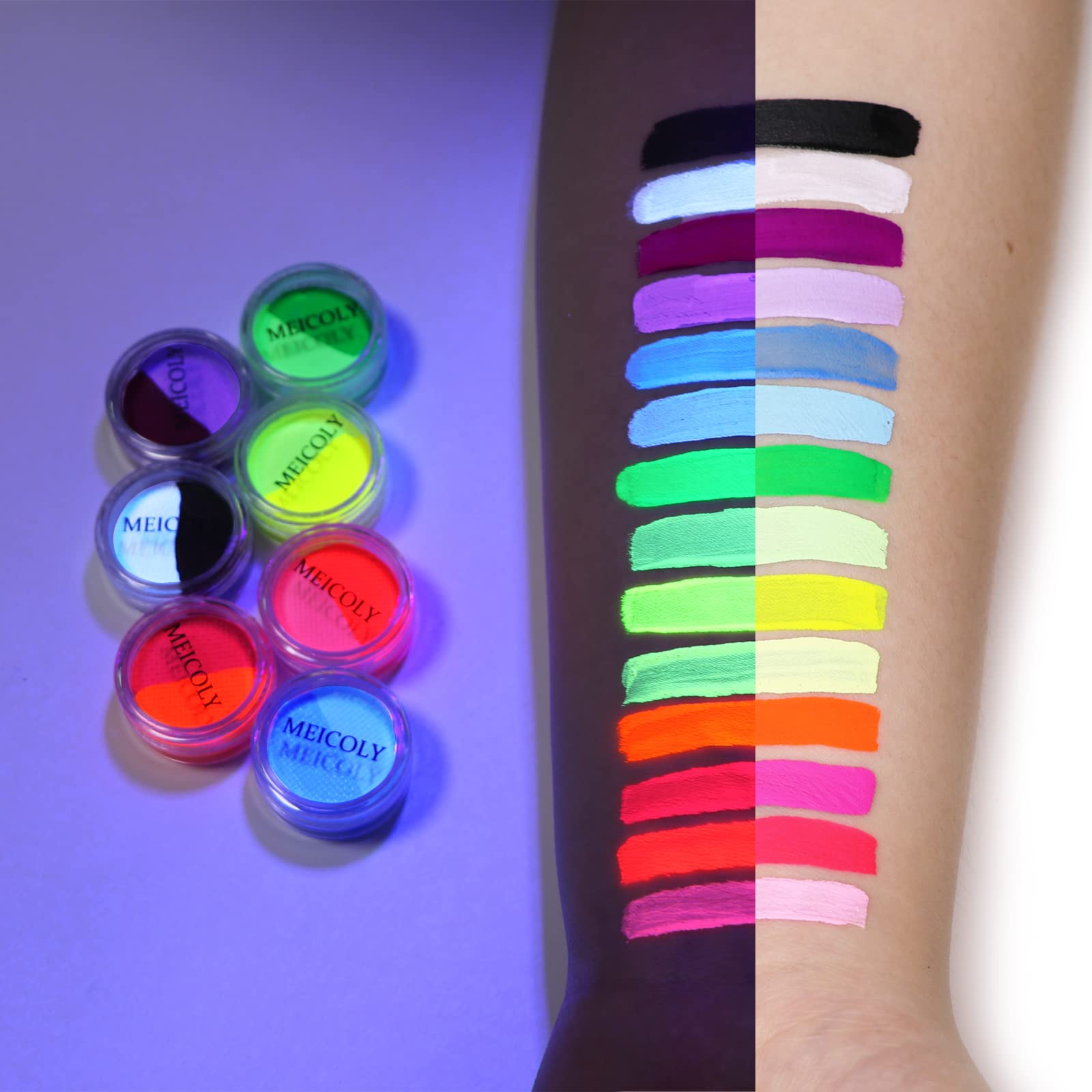 MEICOLY Water Activated Eye Liner 14 Colors,Neon UV Pride Rainbow Face Paint,7 Cakes Duo Color Water Activated Eyeliner,Halloween Hydra Liner,Matte Graphic Eyeliner,Glow Blacklight Body Paint