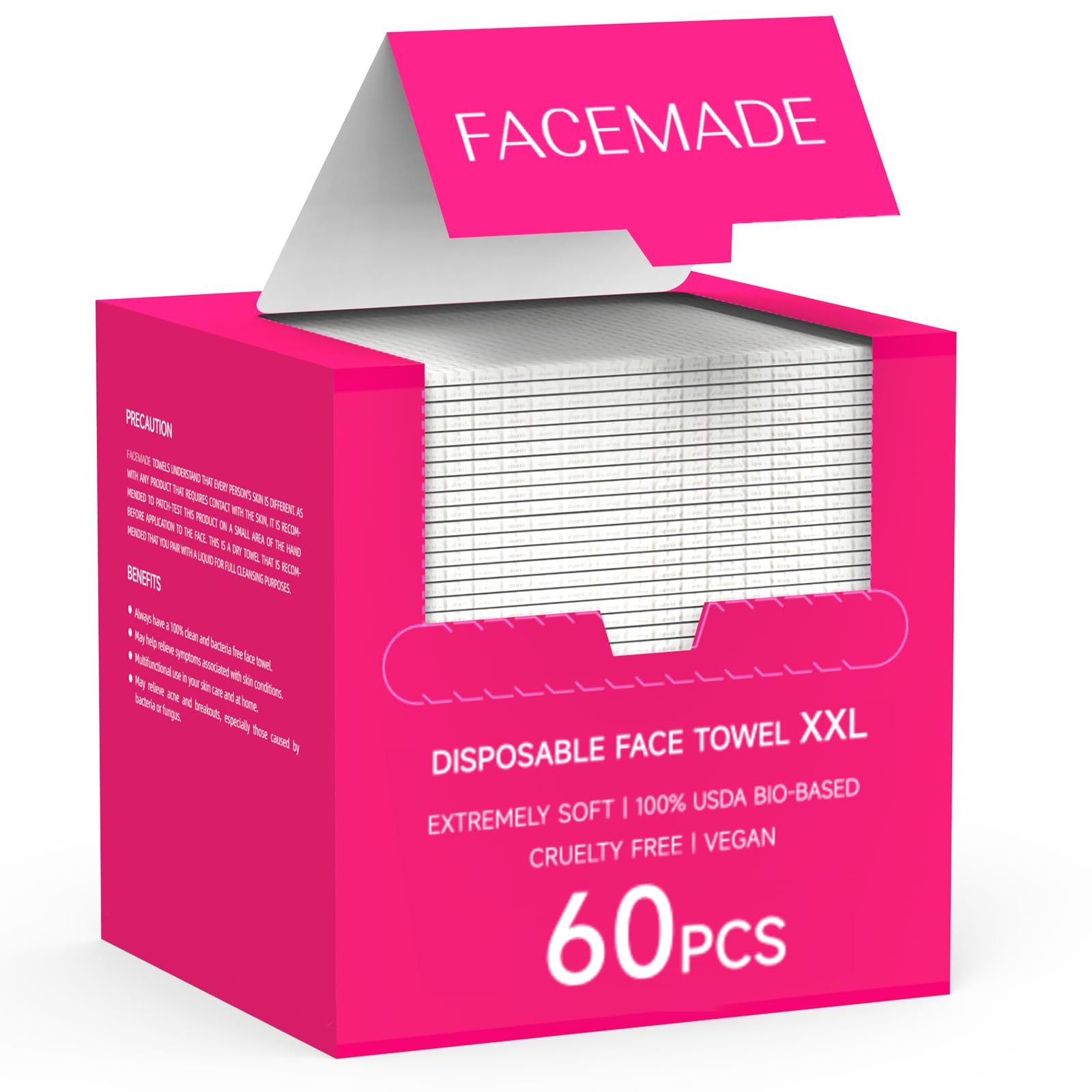 FACEMADE 60 Count XXL Disposable Face Towels 12 × 12, 100% USDA Biobased Face Towelettes Disposable, Clean Facial Towels for Makeup and Clean Skin, Super Soft and Thick Dry Wipes Club