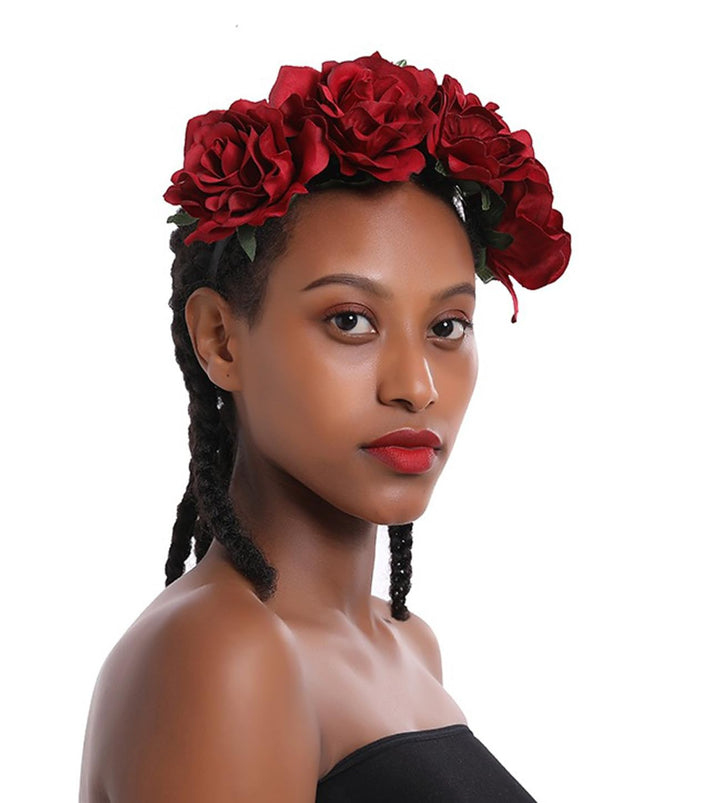 June Bloomy Rose Floral Crown Garland Flower Headband Headpiece for Wedding Festival, Black Yellow Red, One Size