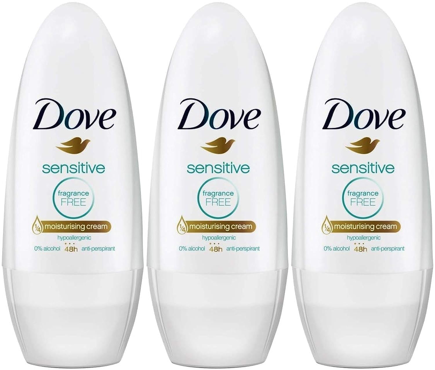 Dove Sensitive Antiperspirant Deodorant Roll-On, Fragrance-Free, 1.7 Ounce / 50 Ml (Pack of 3)