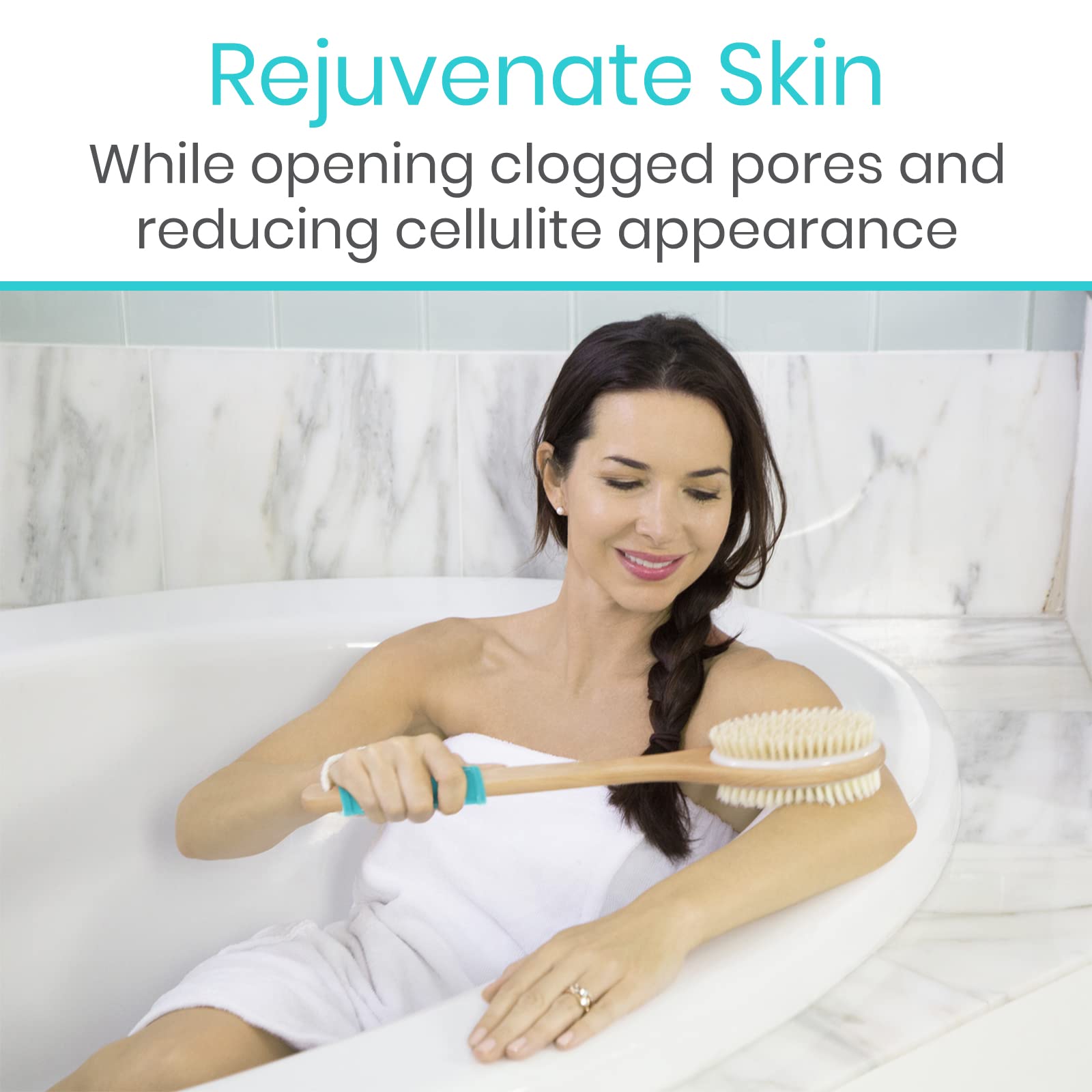 Vive Shower Brush - Dry Skin Body Exfoliator - Shower and Bath Scrubber For Wash Brushing, Exfoliating, Cellulite, Foot Scrub, Leg Exfoliant w/Soft and Stiff Massage Bristles - Wooden Long Handle