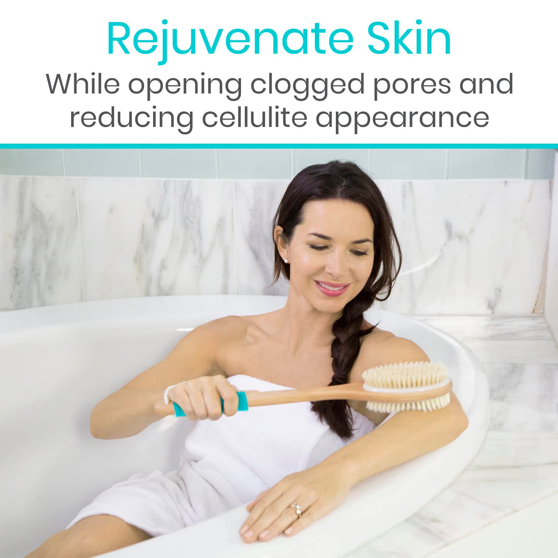 Vive Shower Brush - Dry Skin Body Exfoliator - Shower and Bath Scrubber For Wash Brushing, Exfoliating, Cellulite, Foot Scrub, Leg Exfoliant w/Soft and Stiff Massage Bristles - Wooden Long Handle