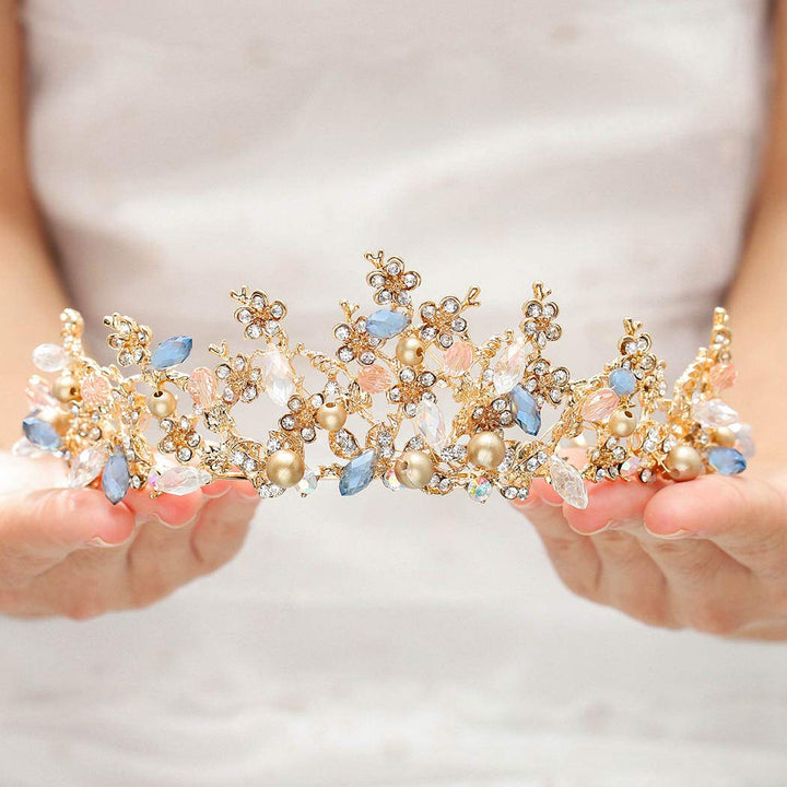 Leiothrix Bride Wedding Queen Flower Crowns and Tiaras with Earrings Baroque Bridal Hair Accessories for Women