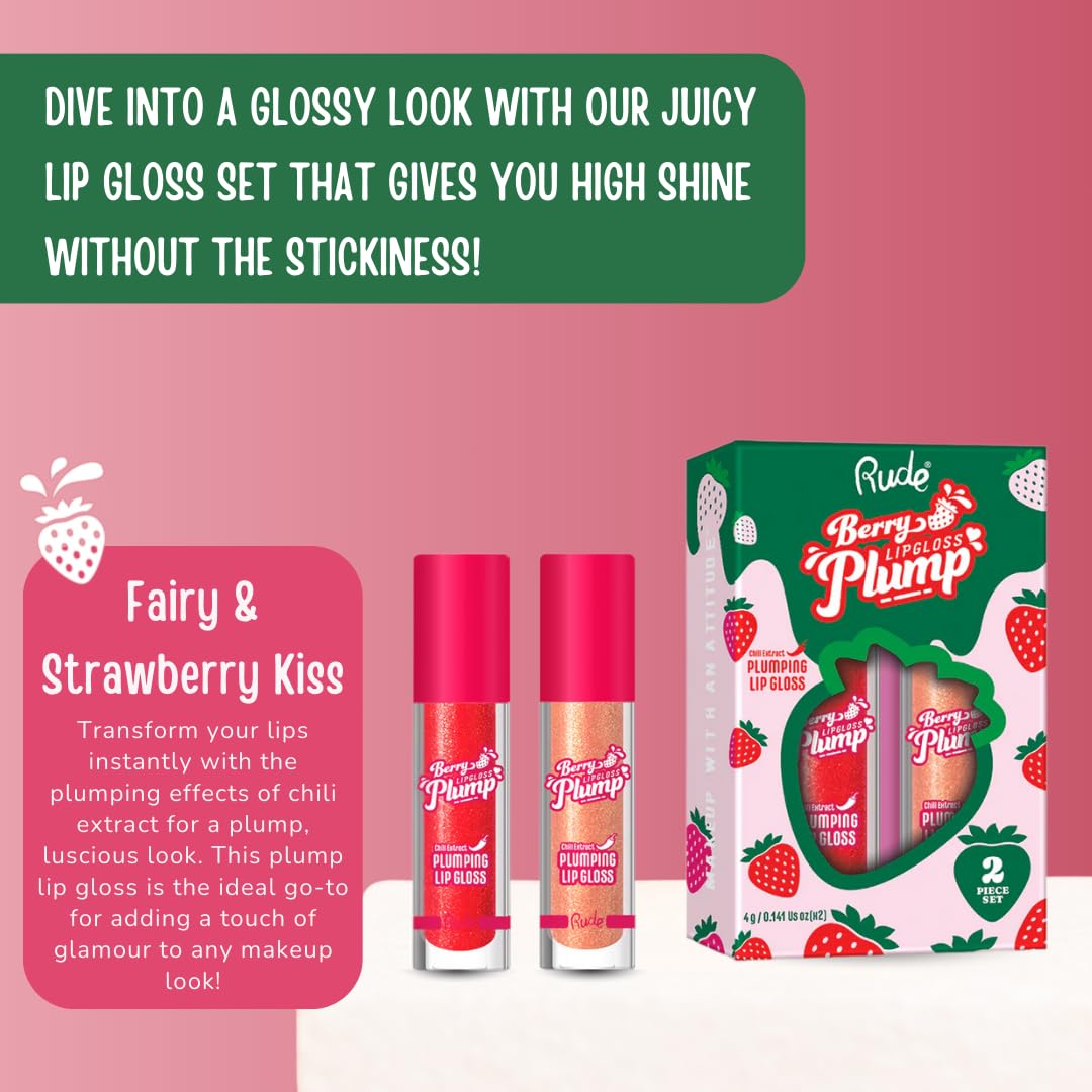 RUDE Cosmetics Berry Plump Lip Plumper Set, Plumping Lip Gloss for Women, Hydrating Cute Lipgloss Plump with Hyaluronic Acid, Shea Butter, Vitamin E & Chili Extract, Vegan, Fairy & Strawberry