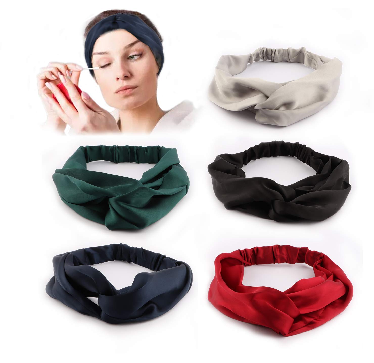 Driew Women Girls Silk Satin Elastic Headbands Head Wrap Turban Twisted Knotted Hairband (Pack of 5)(Multiple colour)