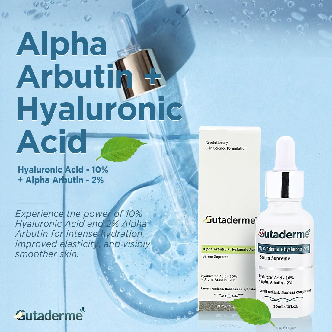 Gutaderme Alpha Arbutin + Hyaluronic Acid Serum for Face Hylunaric Acid Moisturizer, 30ml/1fI.oz