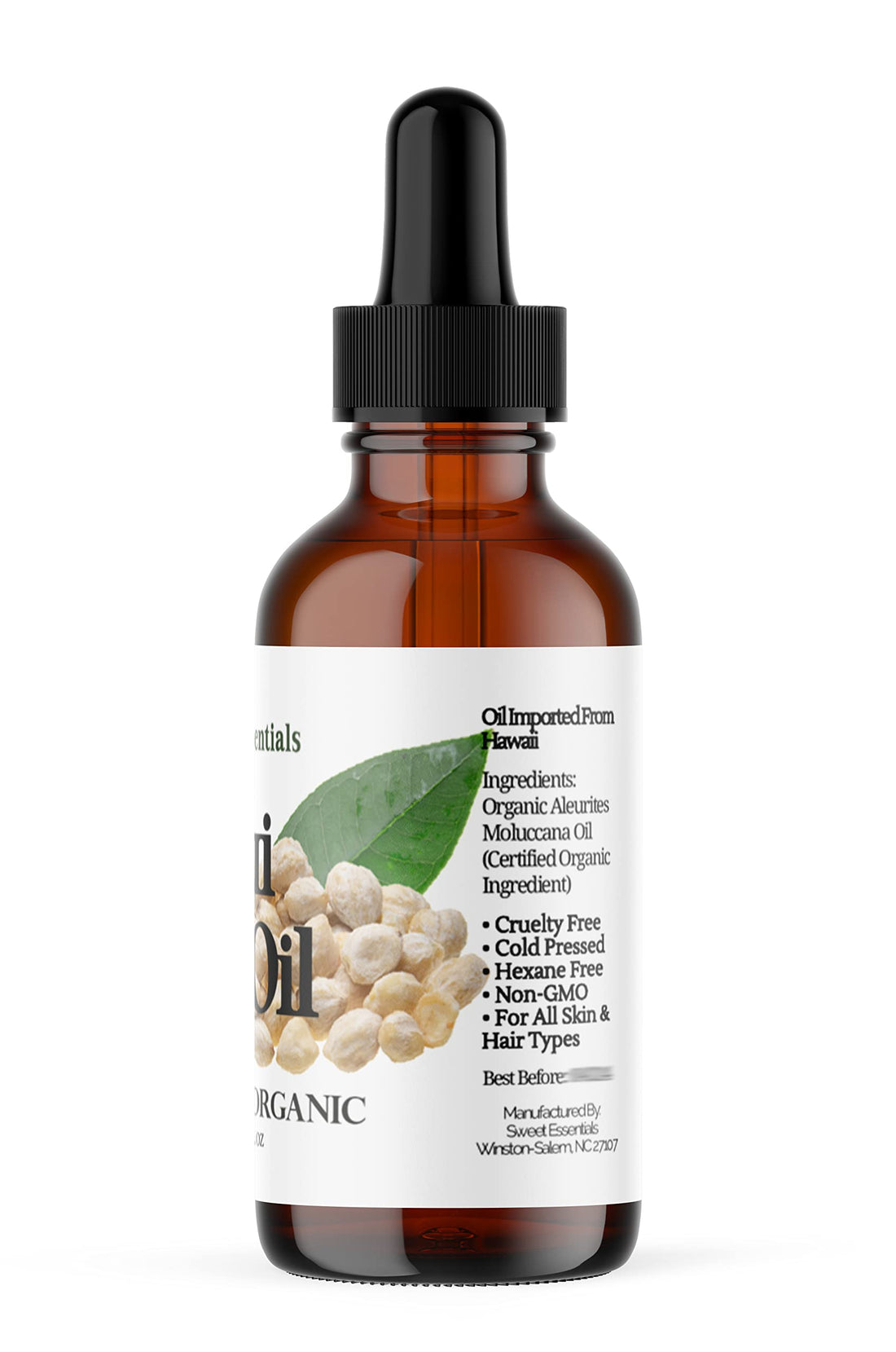 100% Organic Kukui Nut Oil | Imported From Hawaii | 2oz Glass Bottle | Glass Dropper | Natural Moisturizer for Skin, Hair and Face | By Sweet Essentials