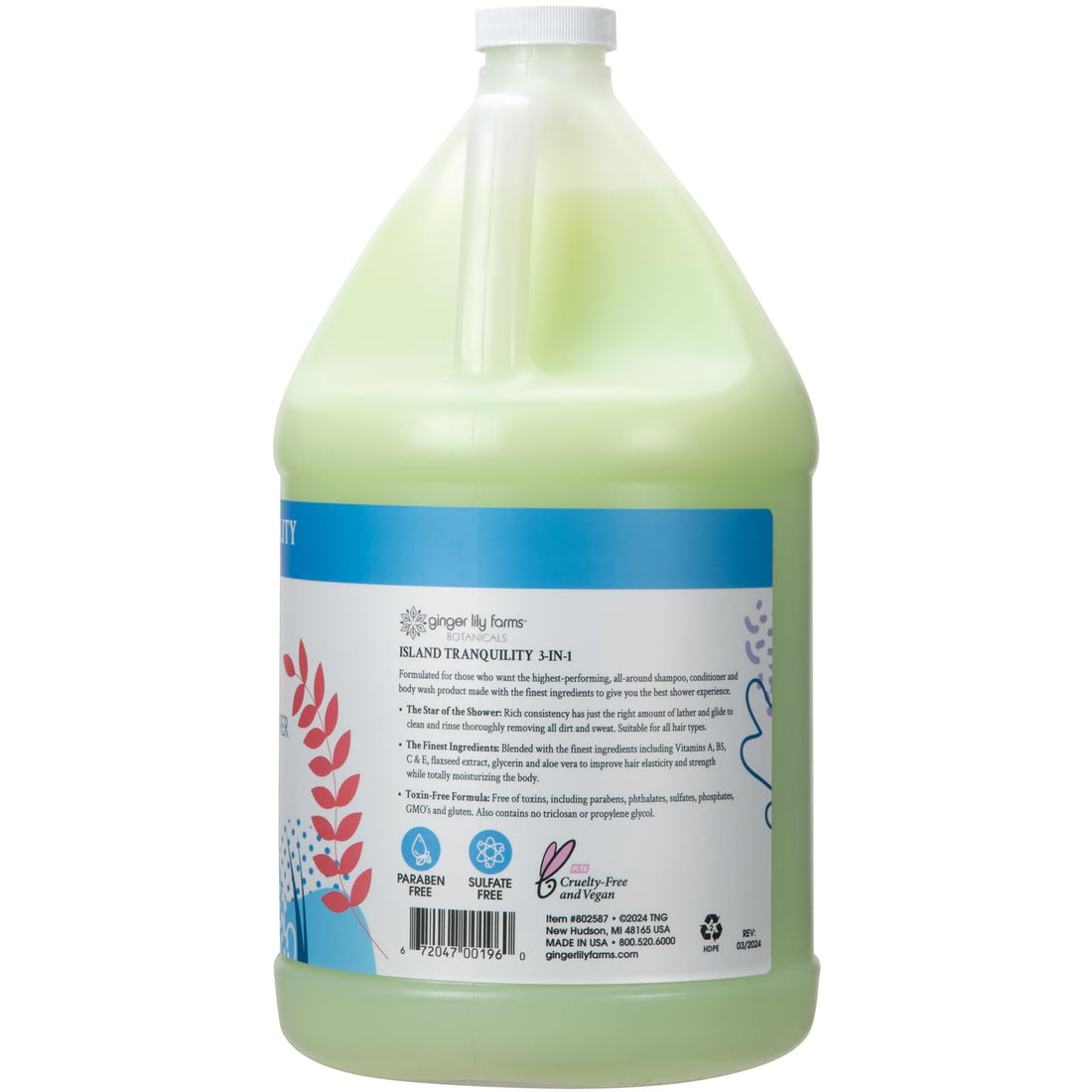 Ginger Lily Farms Botanicals 3-in-1 Shampoo, Conditioner & Body Wash, Island Tranquility, 100% Vegan & Cruelty-Free, Green Tea & Lemongrass Scent, 1 Gallon (128 fl oz) Refill