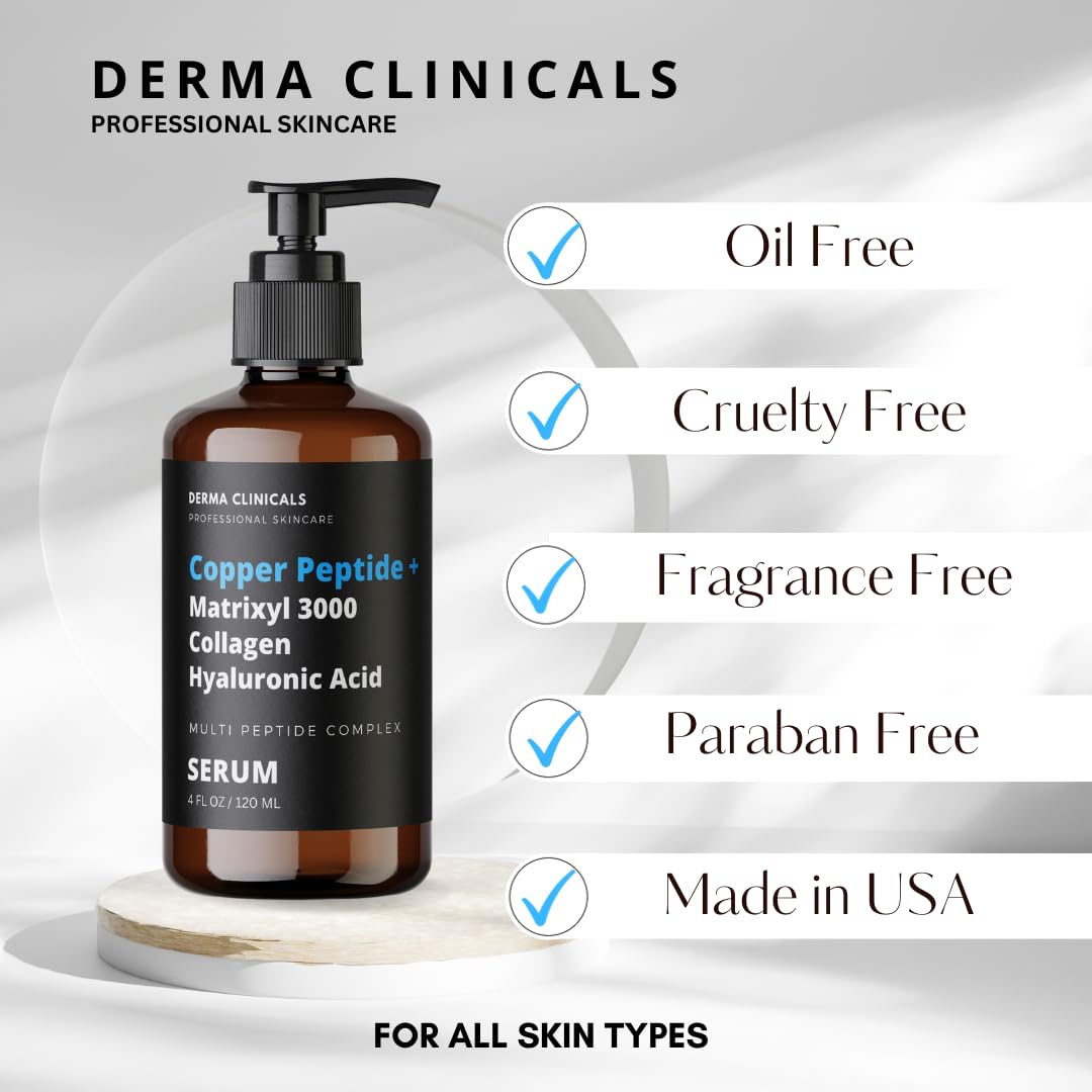 Copper Peptide + Matrixyl 3000, Collagen, Hyaluronic Acid Serum for face, Multi Peptide Firming and Plumping Serum, Anti-Wrinkle, Anti-Aging Face Serum - 4oz