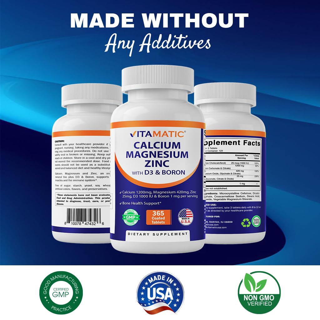 Vitamatic Calcium Magnesium Zinc D3 Boron | 365 Coated Tablets Supplement | Calcium 1200 mg, Magnesium 420mg, Zinc 25mg, Vitamin D3 1000 IU, Boron 1 mg | Non-GMO | Gluten Free | Made in USA