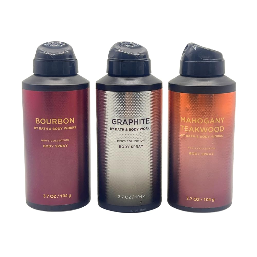 Bath and Body Works Men's Collection Deodorizing Body Spray - Mahogany Teakwood, Graphite, and Bourbon 3.7oz each 3-piece Gift Set with a Red Bow for Holidays