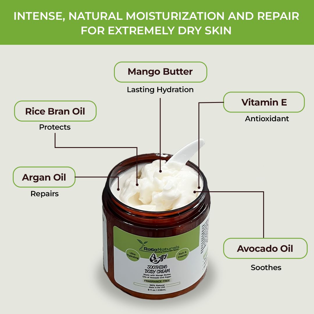 RaGaNaturals Natural Moisturizing Cream - Body & Face Moisturizer for Dry to Very Dry, Sensitive Skin - Unscented Body Cream with Vitamin E & Avocado, Argan Oil - Non-Comedogenic, Fragrance Free -8 Oz